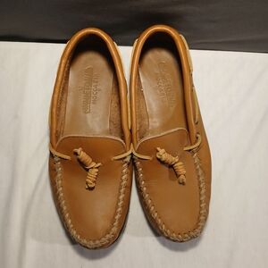 Minnetonka Leather Moccasins Tan Slip-On Driving Shoes Size-7.5